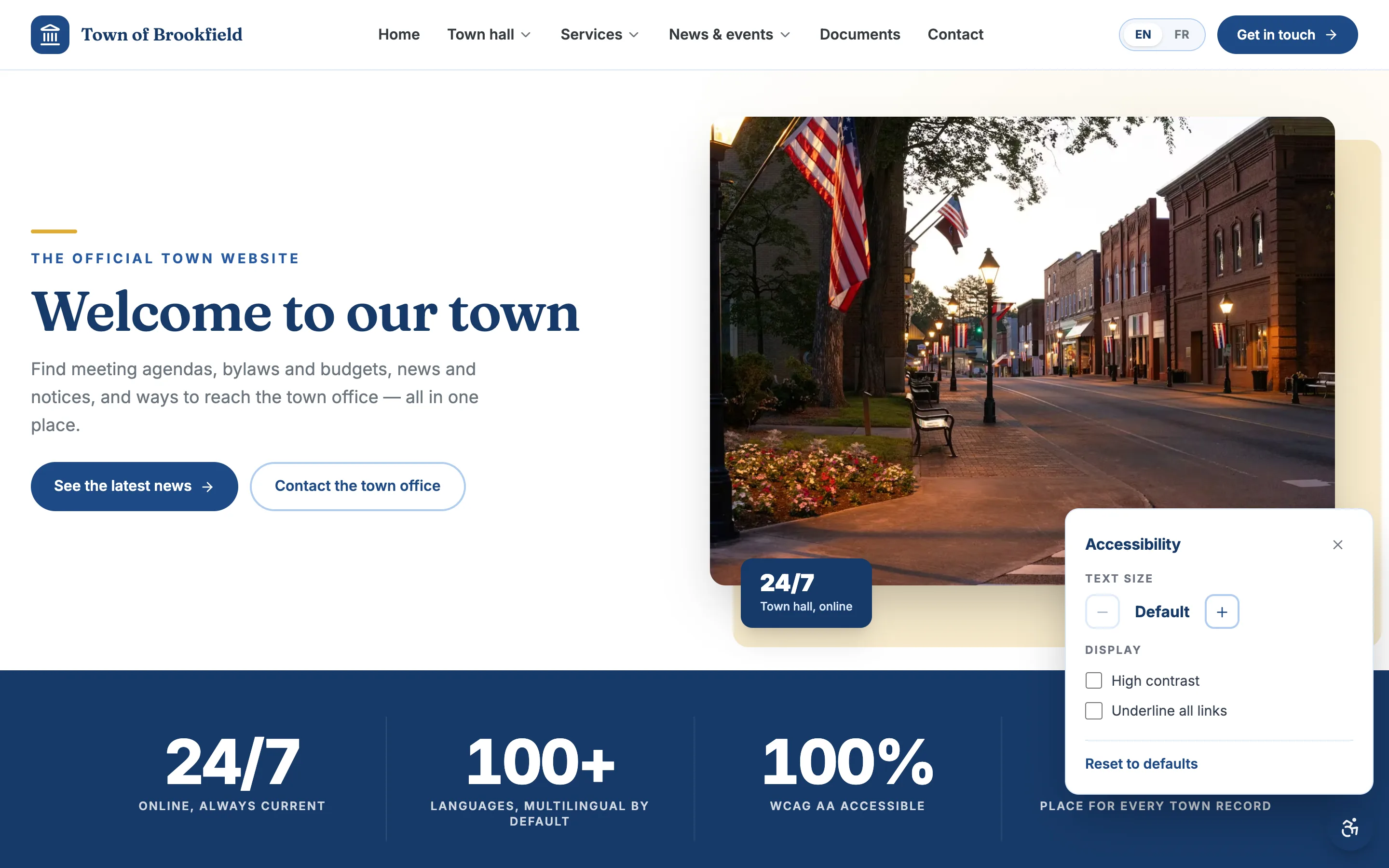 A town page with the accessibility panel open, showing reader and contrast controls