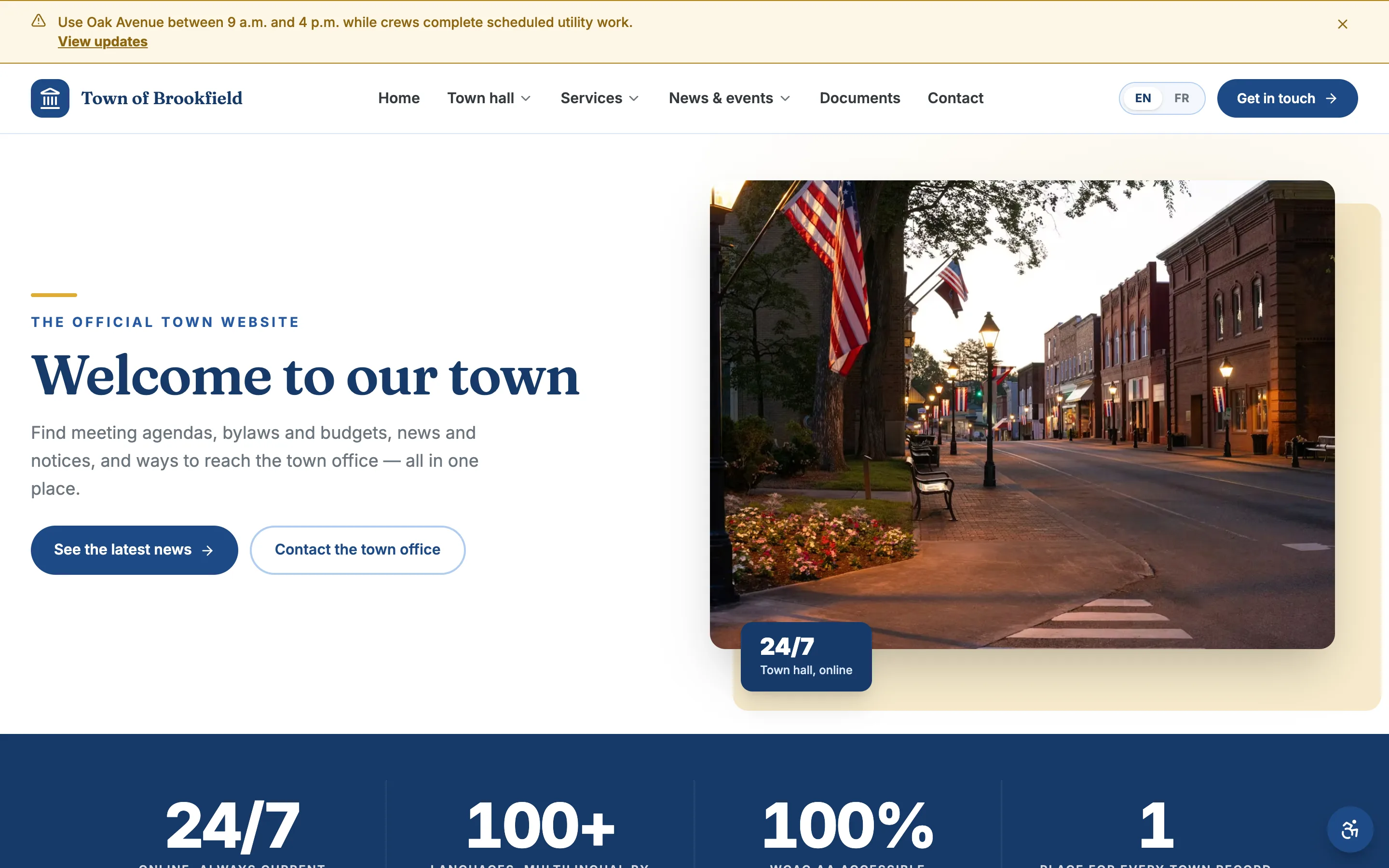 A town homepage with a site-wide alert banner displayed above the header