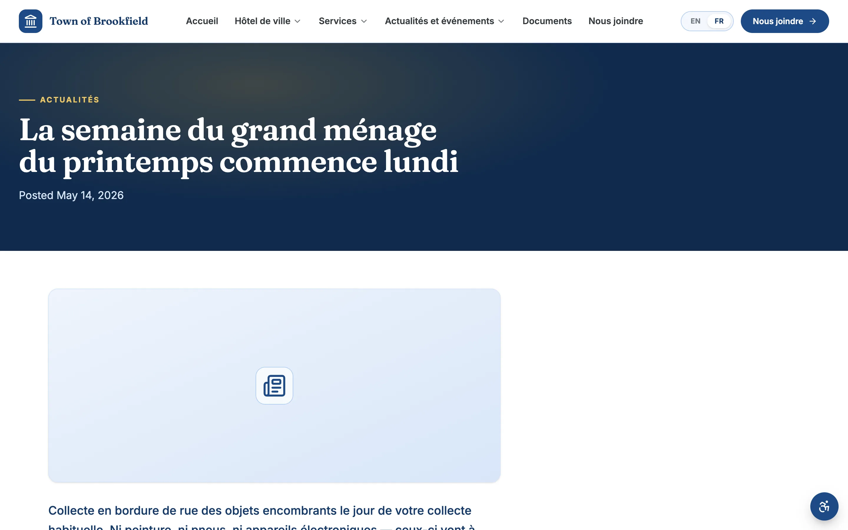 The same town news page published in French with the FR language option active