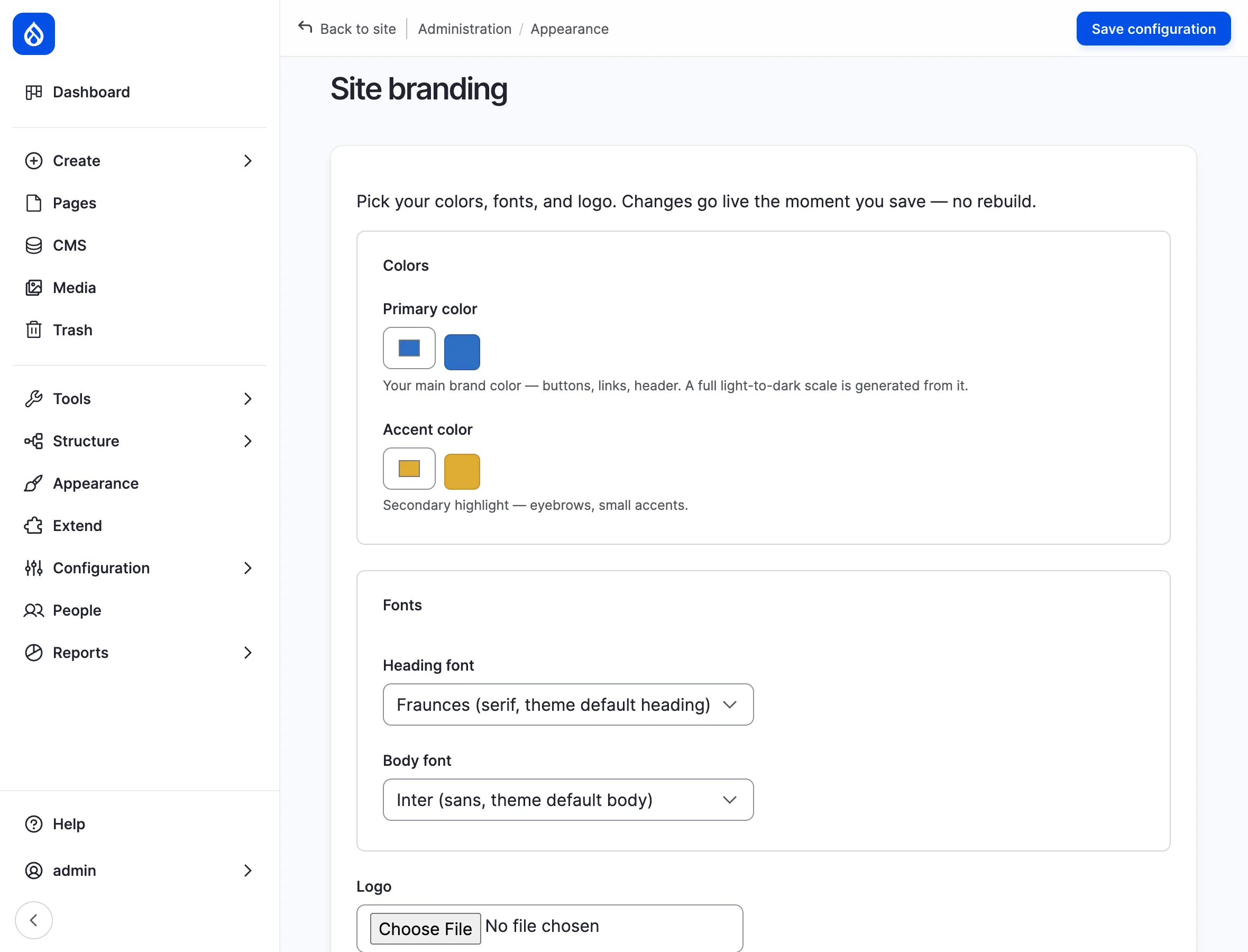 The Site branding admin screen: color pickers for primary and accent, heading and body font selectors, and a logo upload