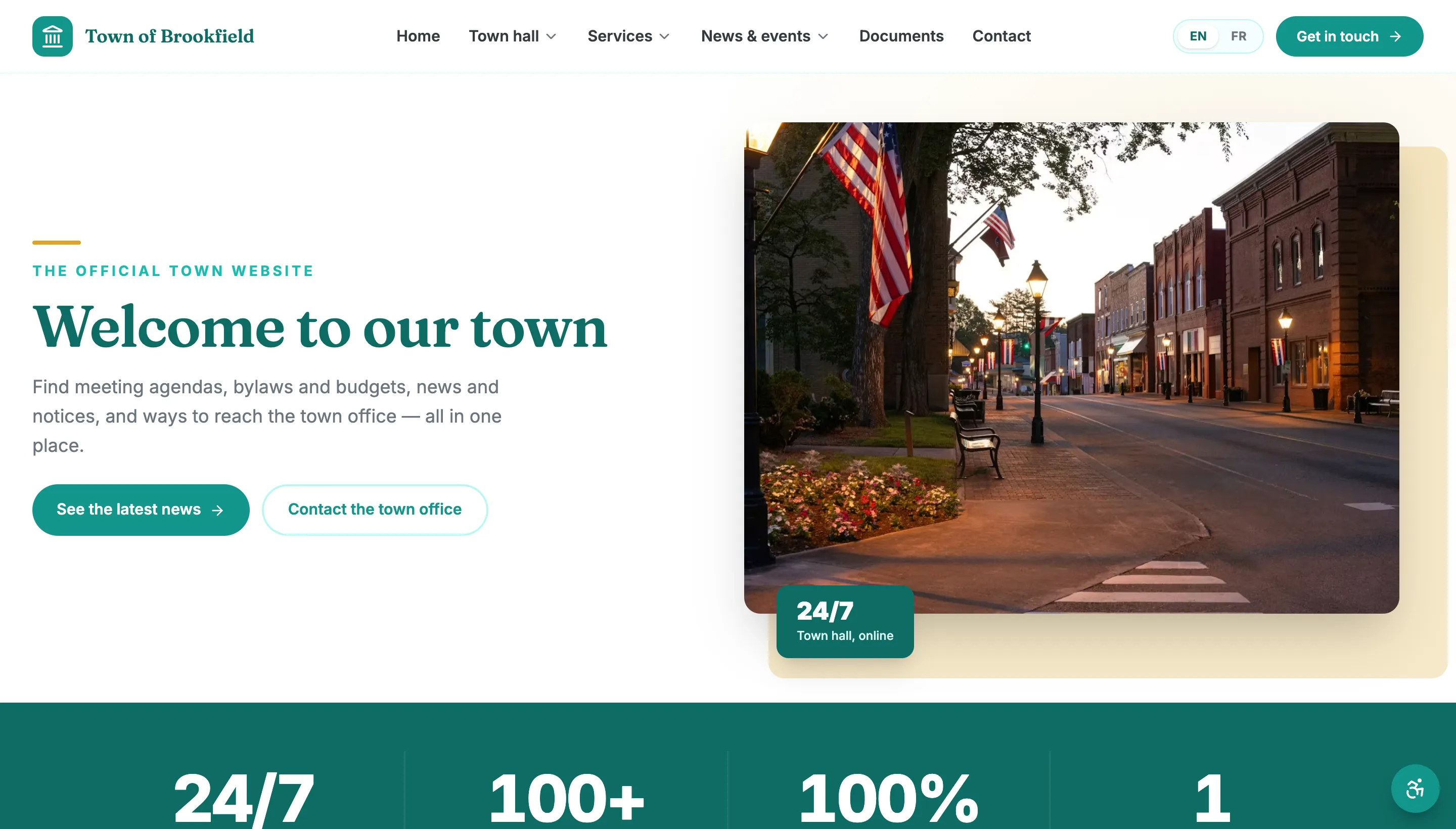 A town homepage re-tinted to a teal brand color — header, buttons, and stat band all updated from a single primary color