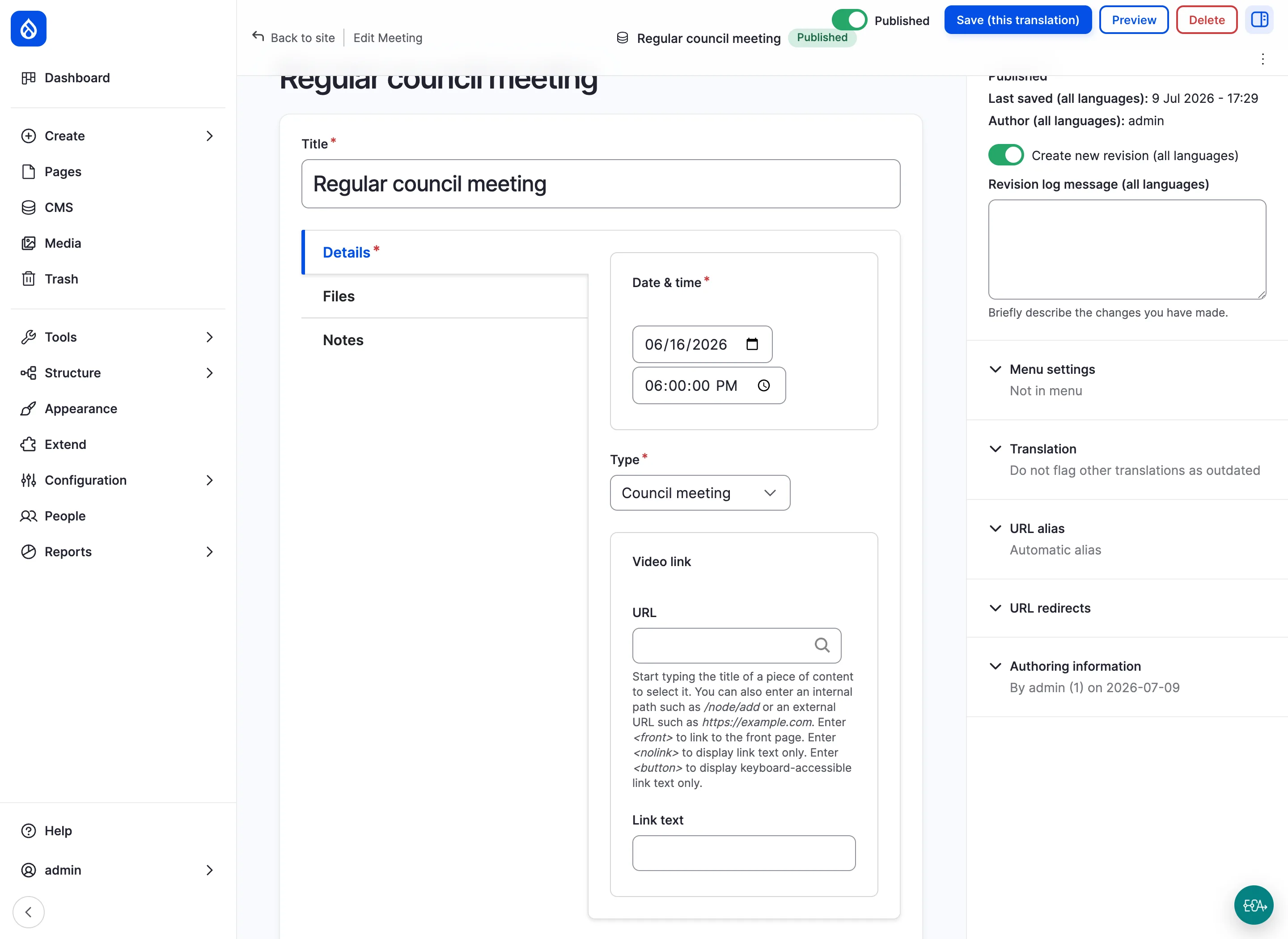 The MunicipalSite editor showing a council meeting as a simple structured form