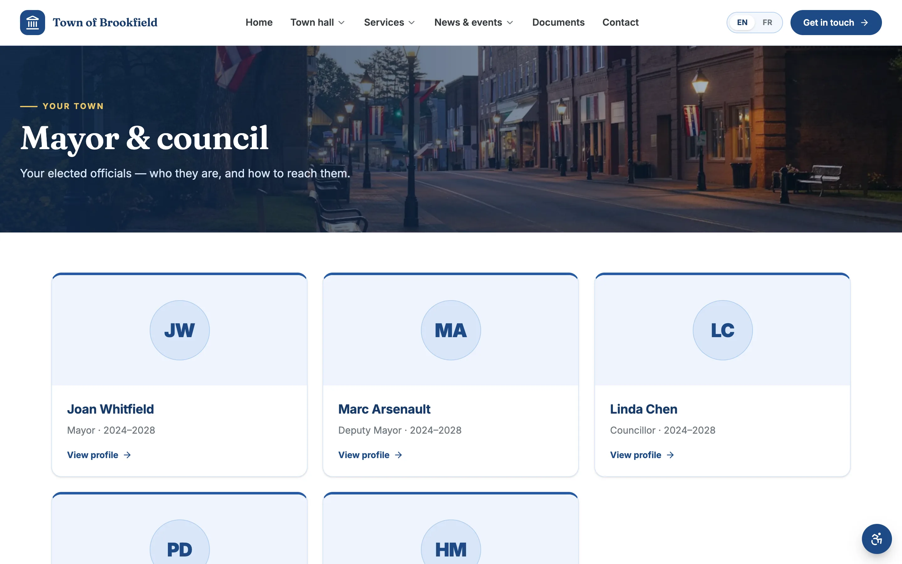 A council page: councillor profile cards with photos, wards, and contact details