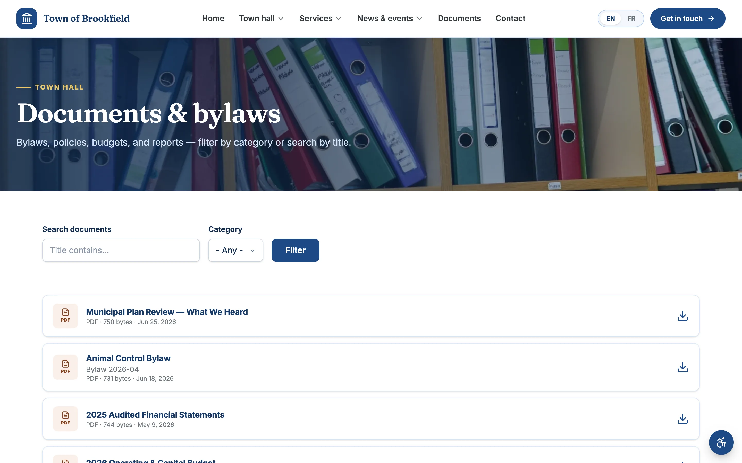 A documents & bylaws page: a searchable, filterable library of budgets, financial statements, and bylaws