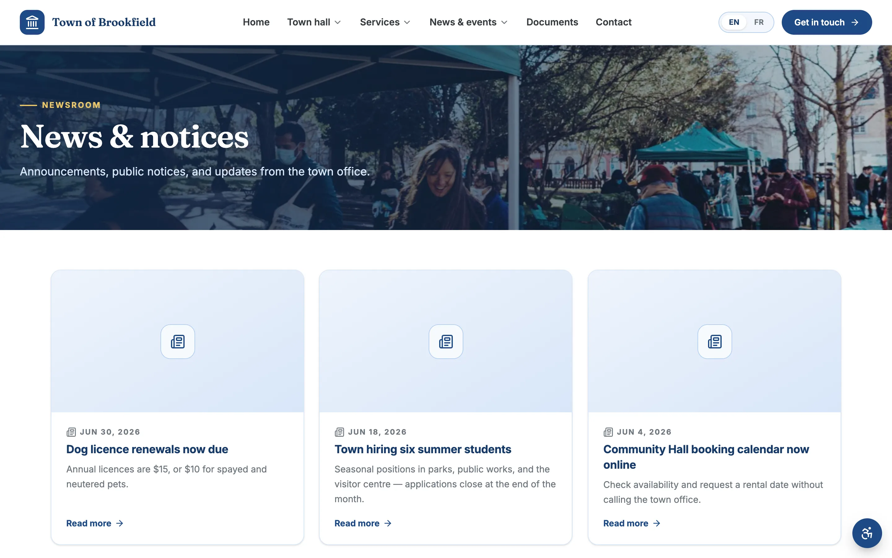 A news page: recent announcements and press releases in a clean feed