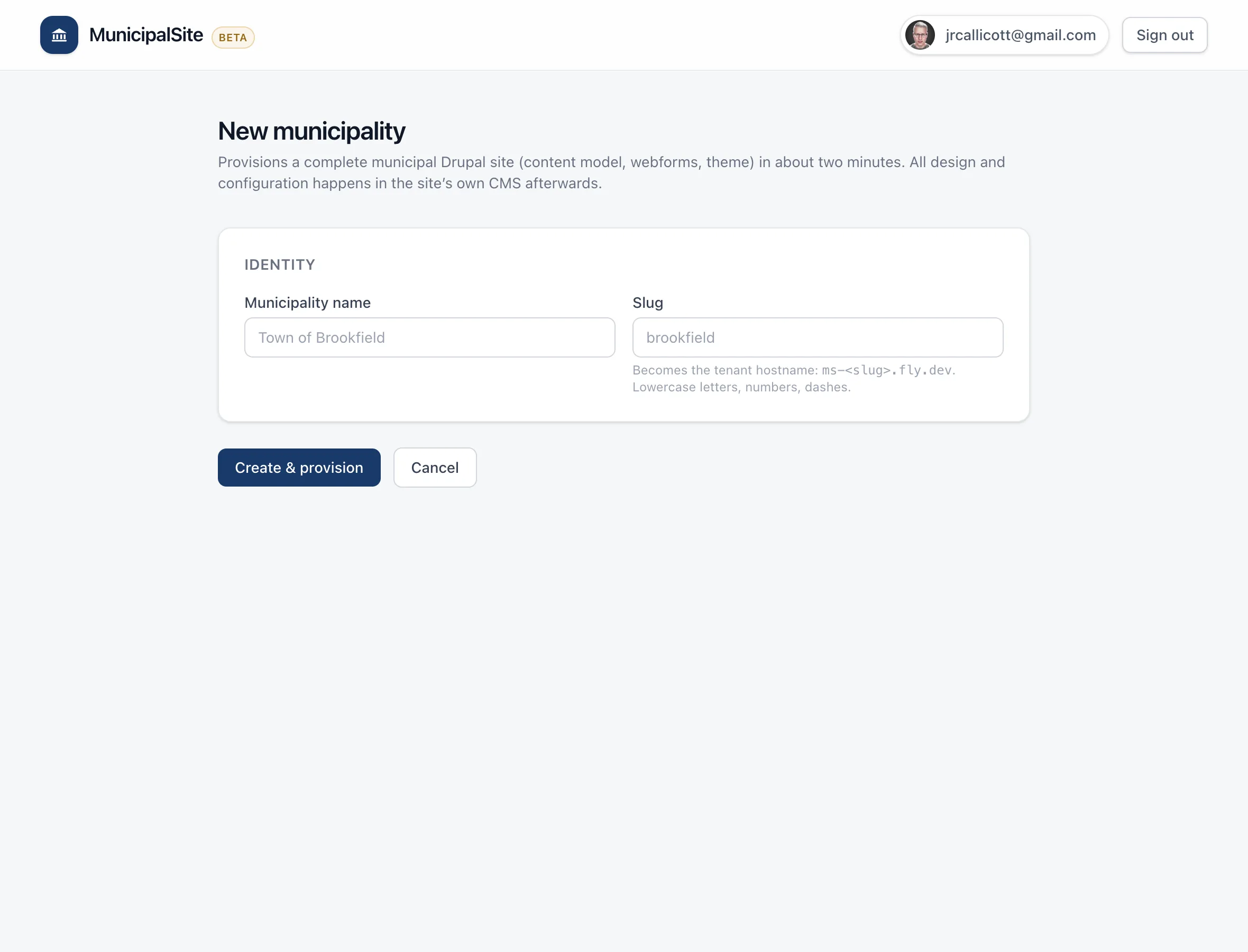 The new-municipality wizard used to provision and brand a site