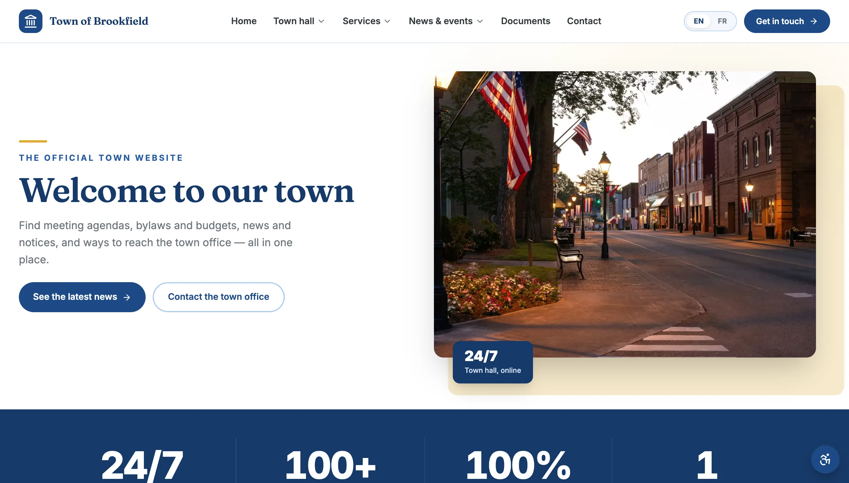 A finished MunicipalSite municipal homepage — photo hero, quick links to meetings, documents, news, and a report-an-issue path